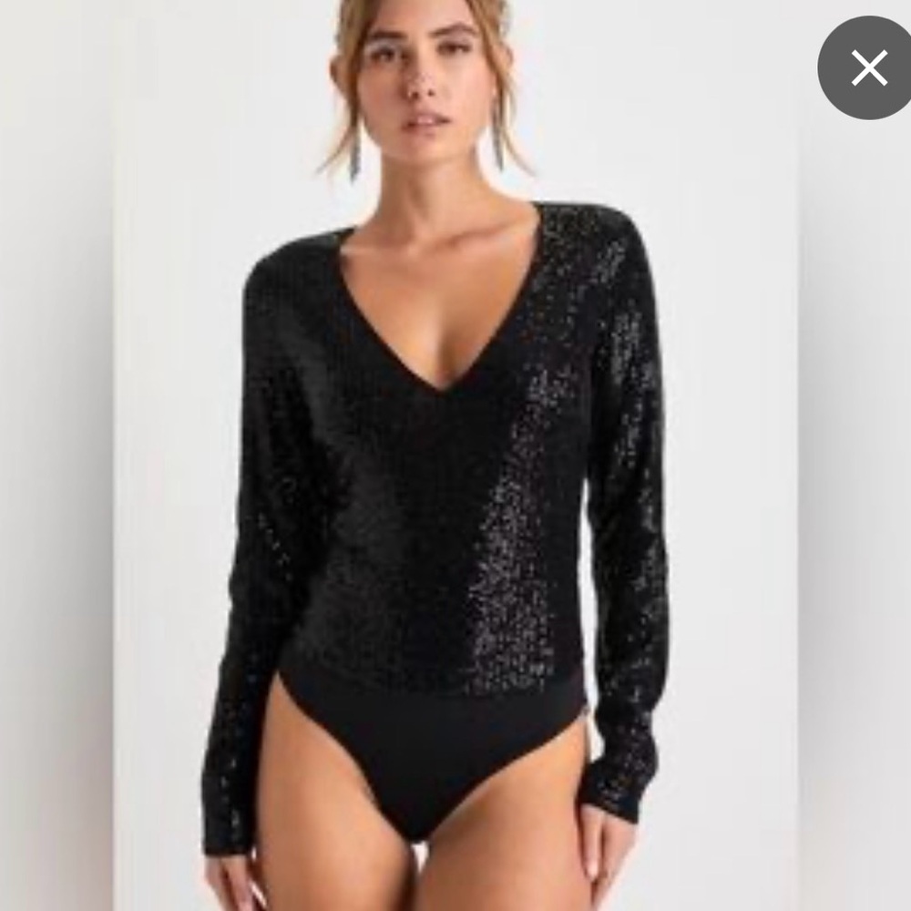 Dynamite Black Sequin V-Neck Bodysuit - XS